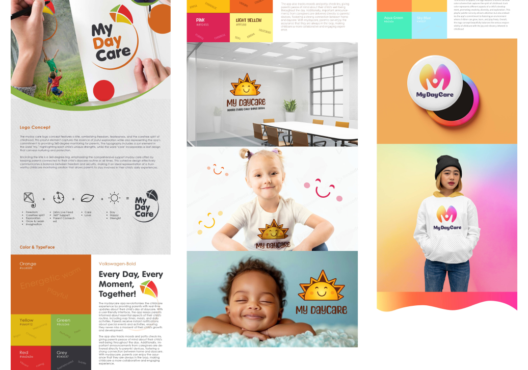 MyDayCare brand identity, logo concepts, color palette and merchandise