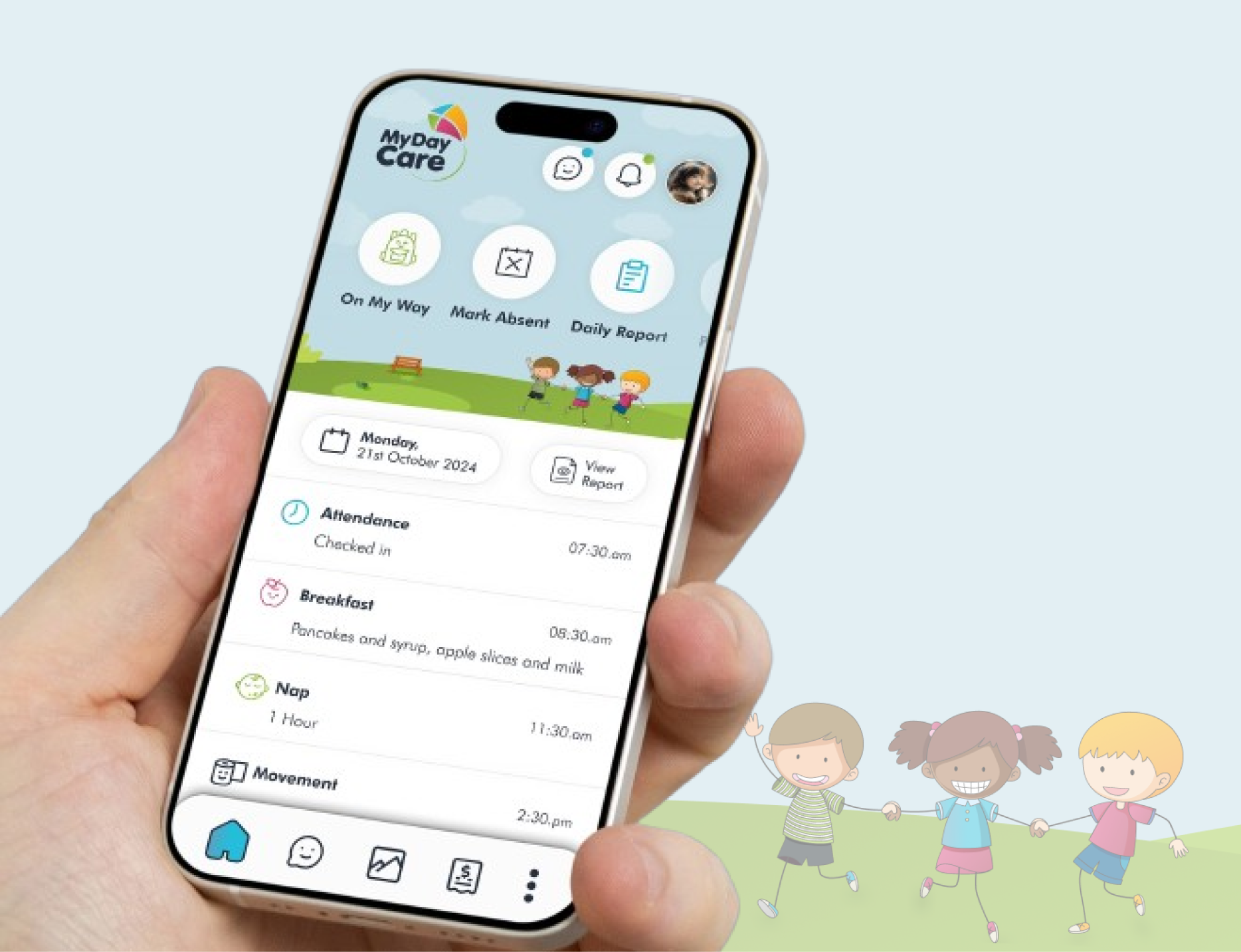 MyDayCare app on iPhone showing daily activities and kids illustration