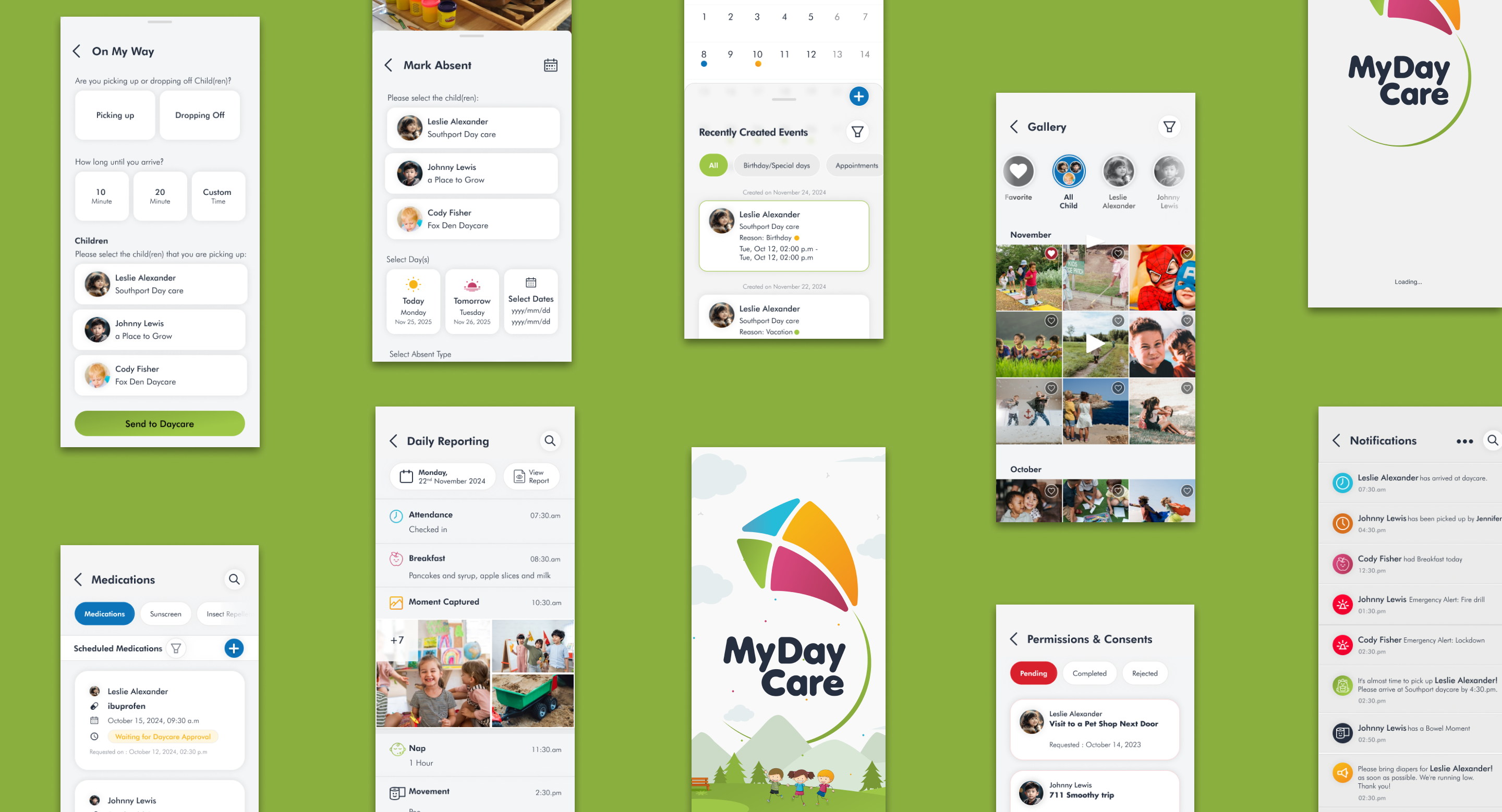 MyDayCare app screens showcase — On My Way, Mark Absent, Daily Reporting, Gallery, Notifications, Medications, Permissions and more